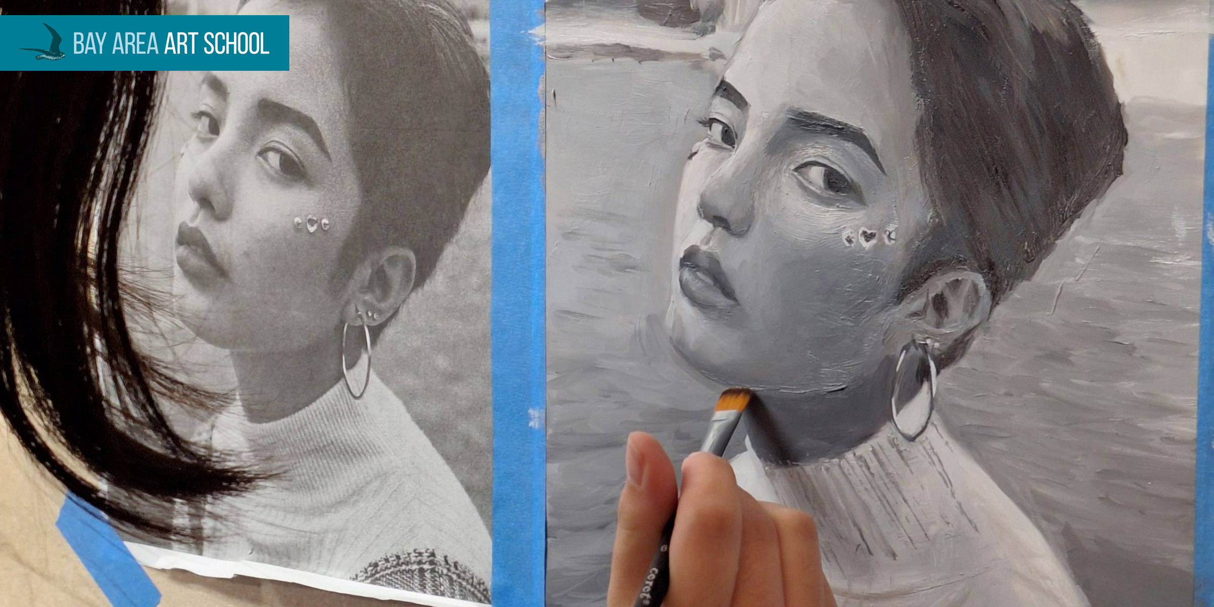 Highschool student painting a portrait at Bay Area Art School in Pacifica near San Francisco