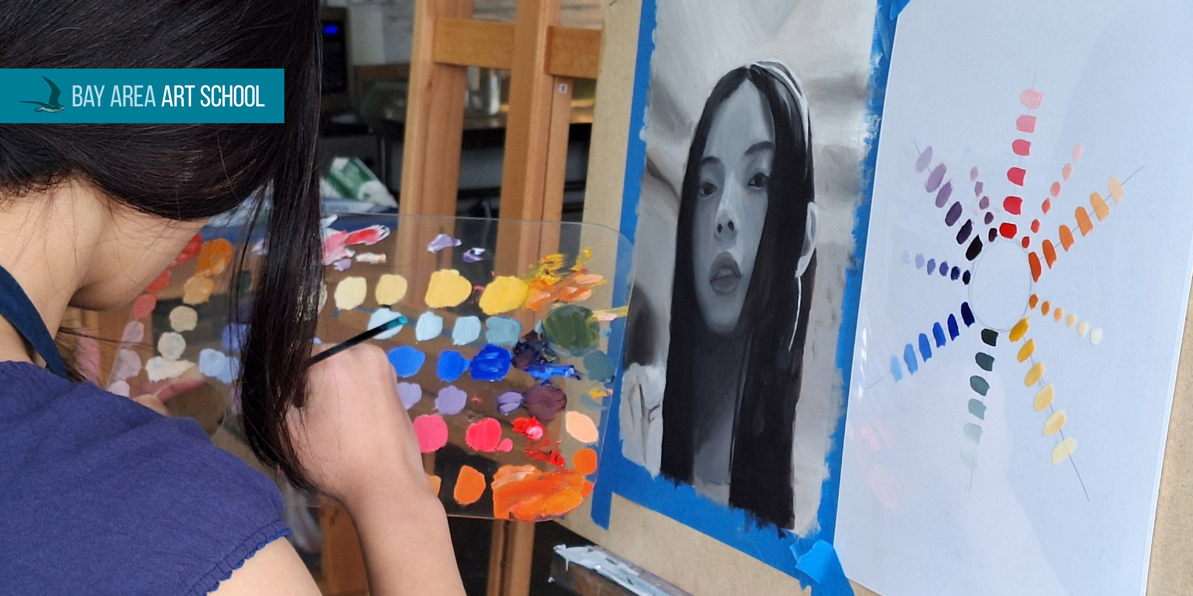 Student painting a portrait at Bay Area Art School in Pacifica near San Francisco