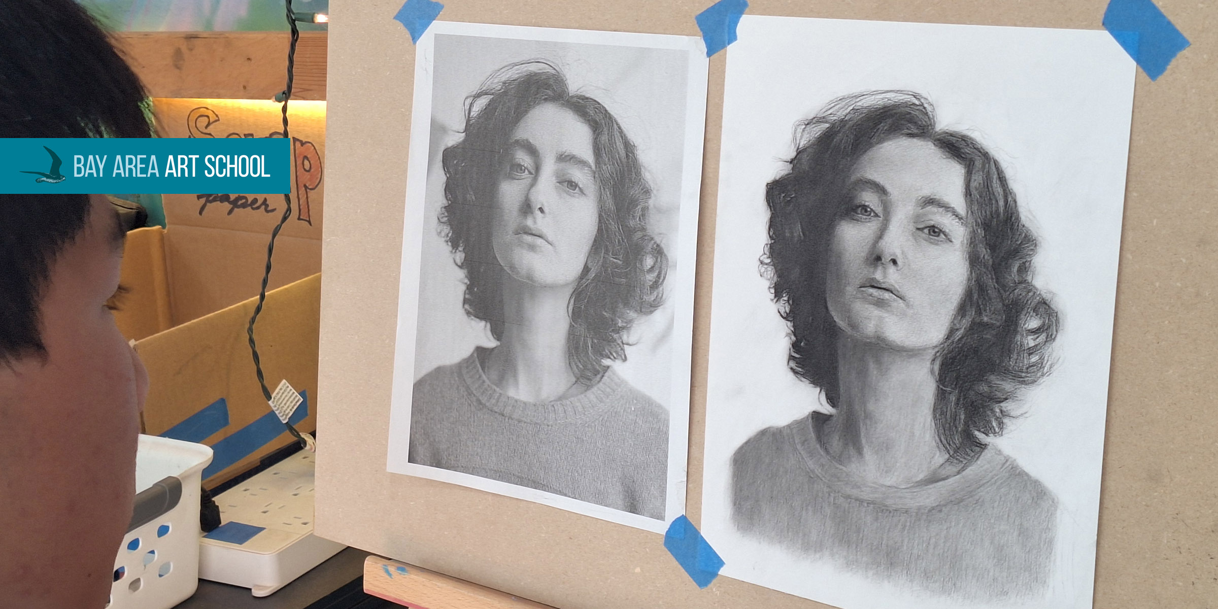 Student drawing a realistic pencil portrait at Bay Area art school in Pacifica near San Francisco